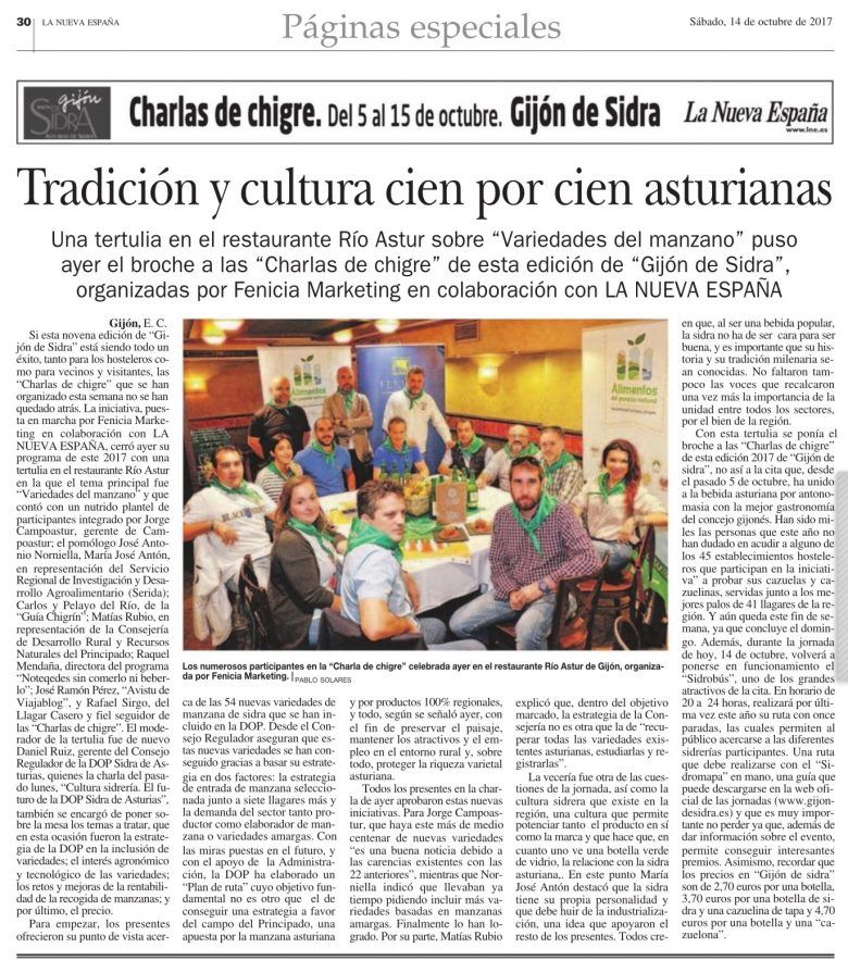 Artículo en el periódico sobre las Charlas de chigre en Gijón