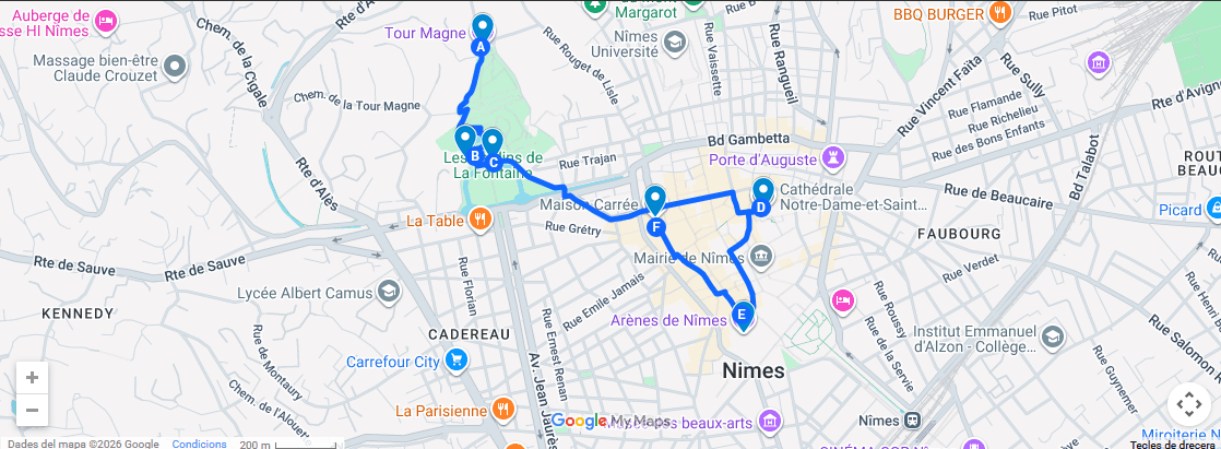 Mapa del itinerario de 1 día por Nîmes