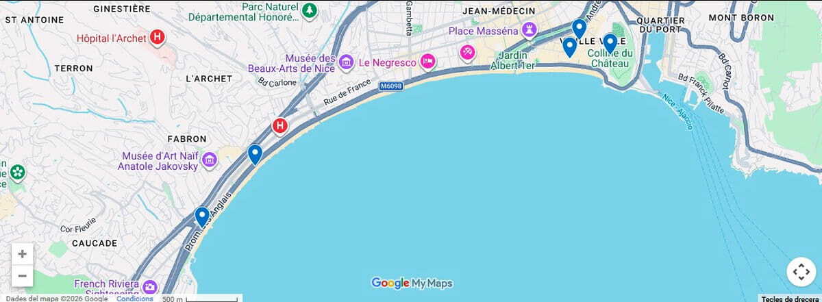 Mapa del itinerario de 1 día por Niza