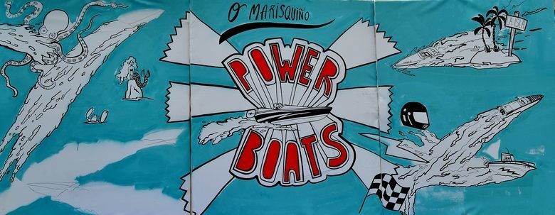 Cartel pintado a mano de los fast boats O Marisquiño