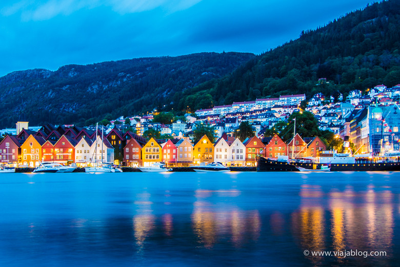 Vista panorámica de Bryggen en Bergen, Noruega