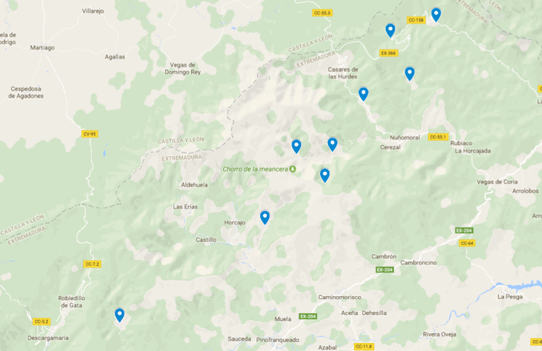 Mapa Alquerías con casas de pizarra, Las Hurdes, Cáceres