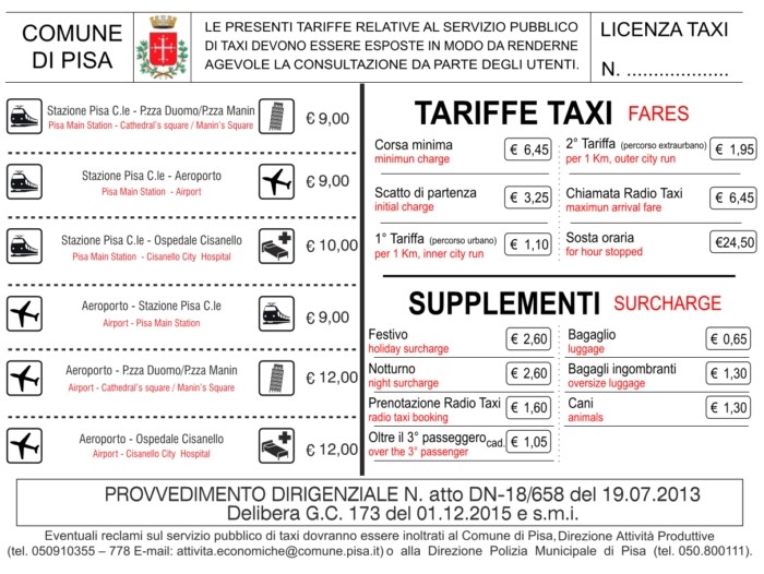 Cuadro de tarifas de los taxis de Pisa