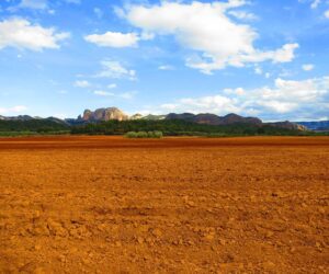 Campo arado frente a las montañas de els Ports