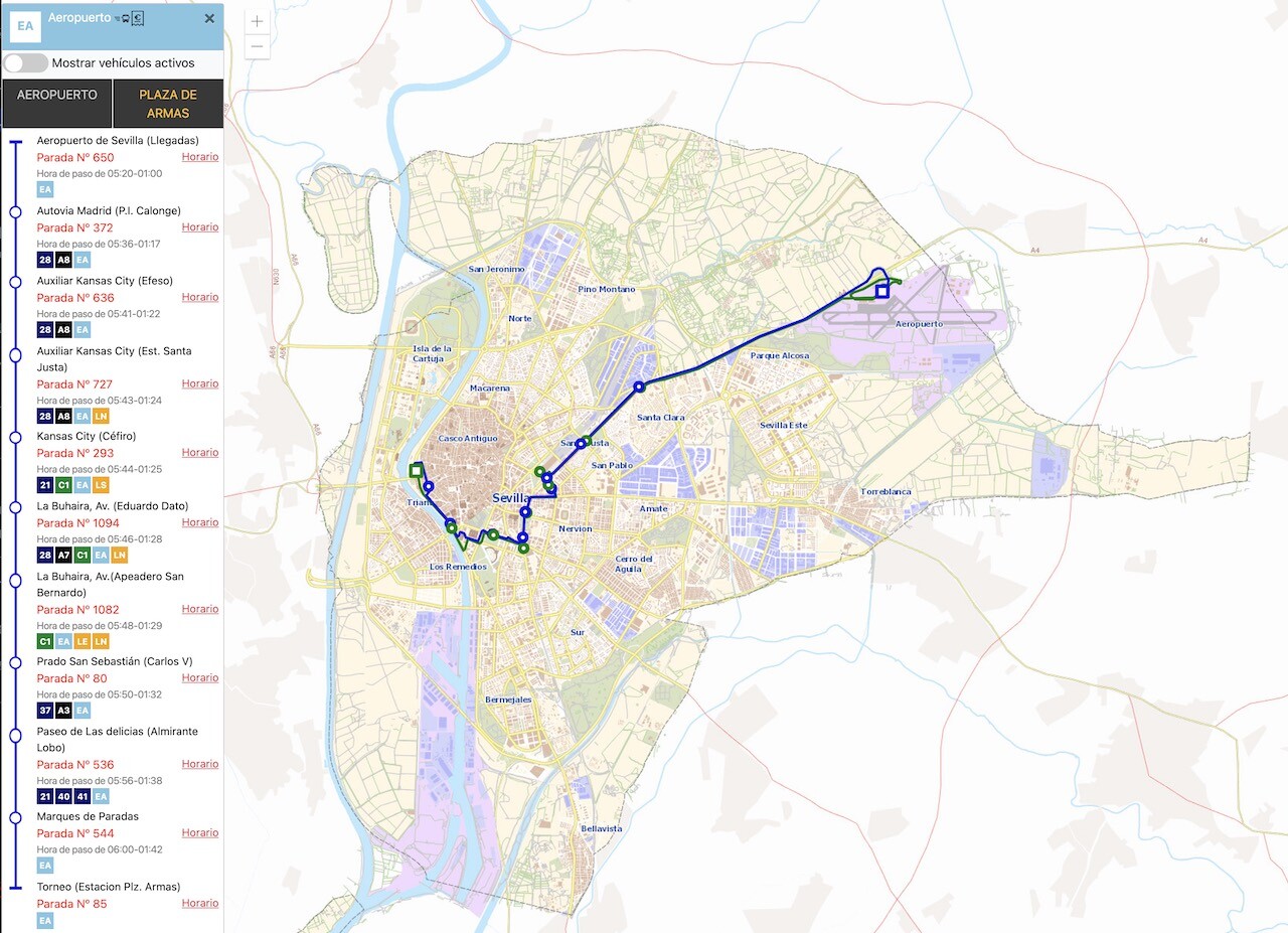 Trayecto y paradas del autobús al Aeropuerto de Sevilla (2023)