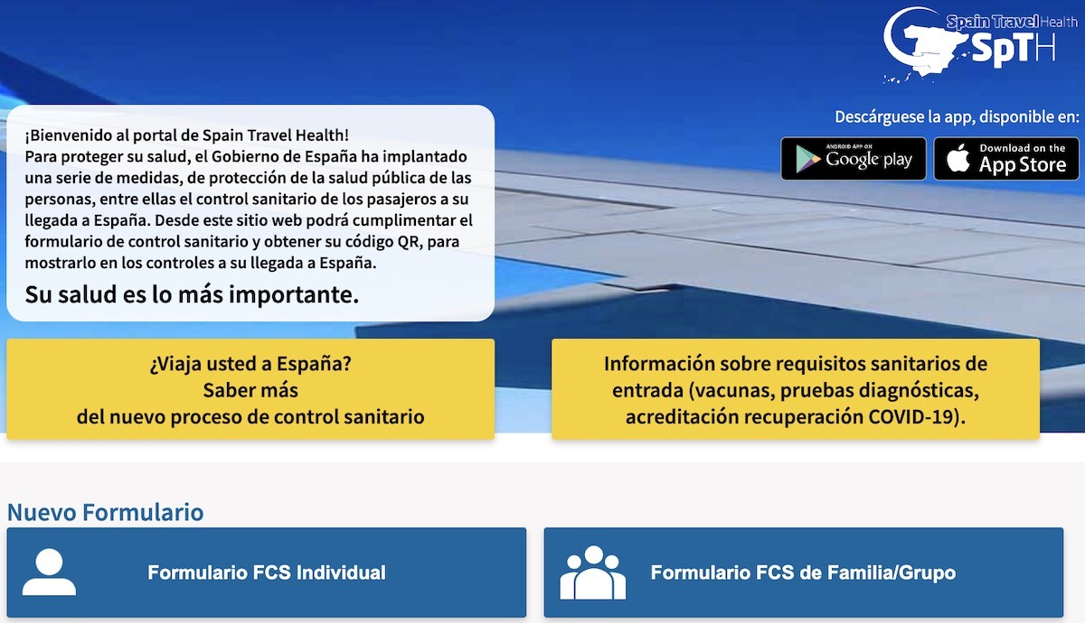 Botones para iniciar el formulario en la web Spain Travel Health (Spth)