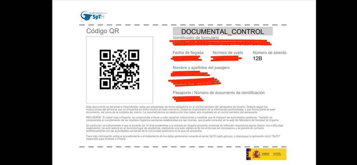 Código QR Spain Travel Health (Spth) recibido en .pdf por email