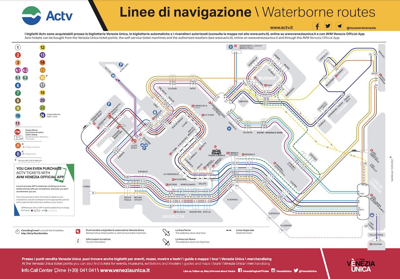 Mapa de líneas de vaporetto en Venecia