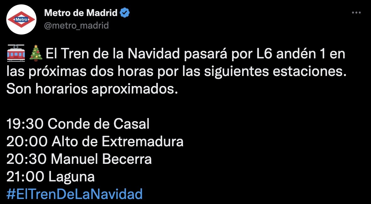 Tuit de Metro de Madrid informando del paso del Tren de la Navidad