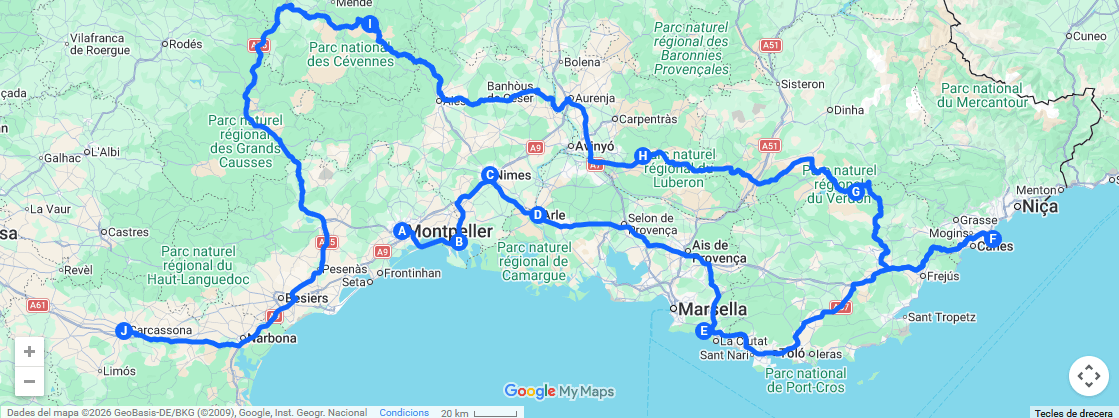 Mapa de la ruta en coche por el sur de Francia desde Barcelona en 10 días