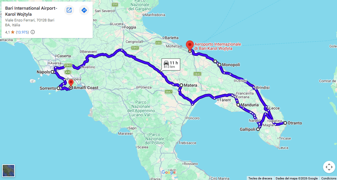 Ruta mapa en coche por el sur de Italia