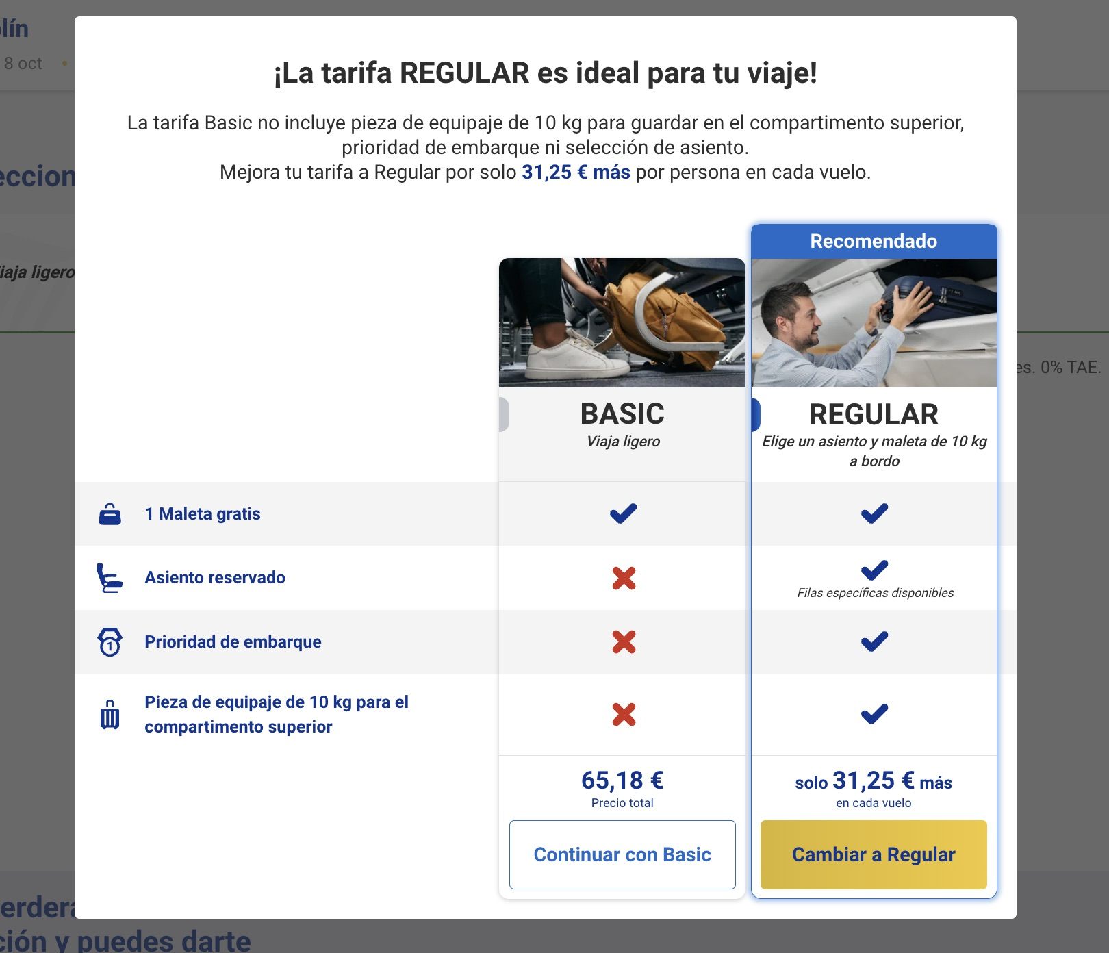 Opción de mejorar de Tarifa Basic a Regular al hacer la reserva con Ryanair