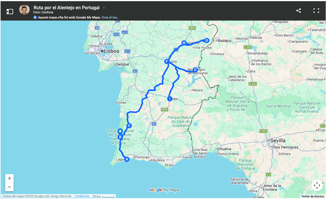 Mapa de la ruta por Alentejo