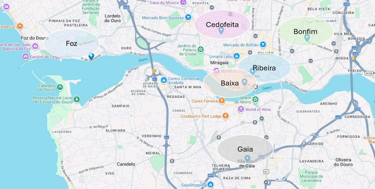 mapa de los barrios de Oporto