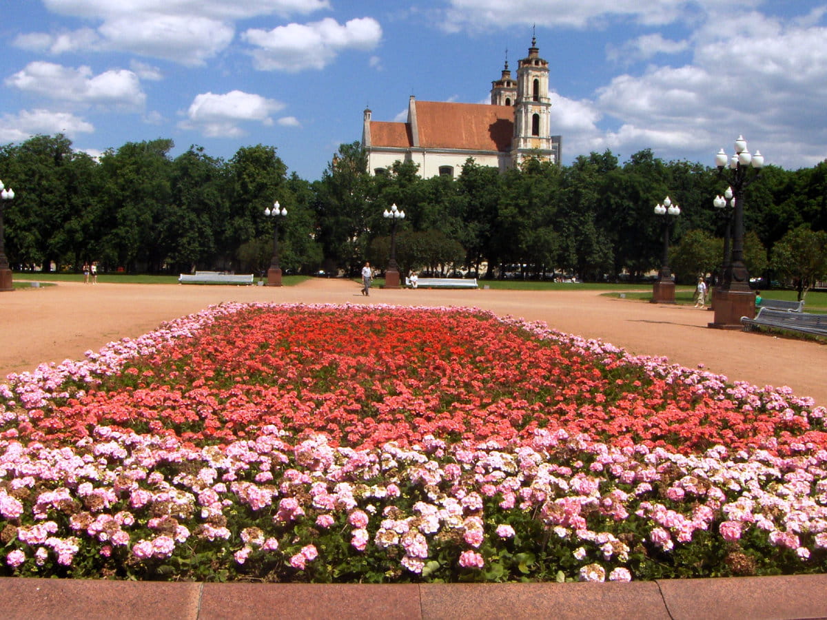 Colorido parque frente a una iglesia del centro de Vilnius