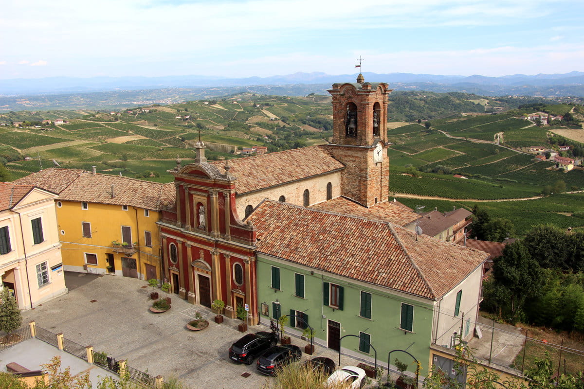Iglesia y viñedos en el Piemonte