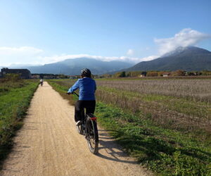 Primeros kilómetros del Carrilet entre Olot y Girona, con las montañas de La Garrotxa al fondo